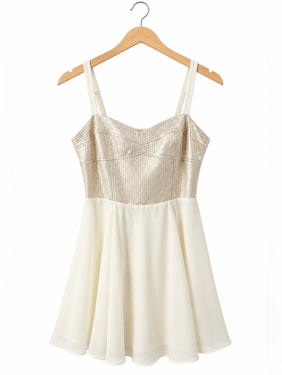 Express Dresses & Skirts - Express Cream Chiffon Mini Dress Size 8 Metallic Gold Bodice Party Cocktail